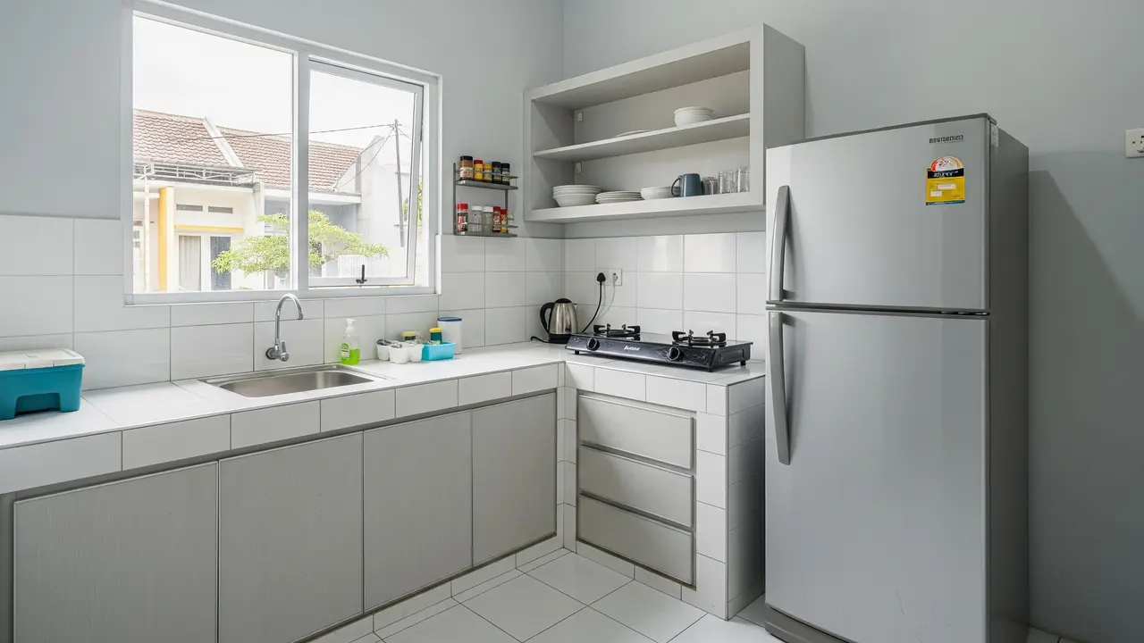 Desain Dapur Kecil 2x2 Meter Muat Kulkas dan Kitchen Set/ Ilustrasi AI