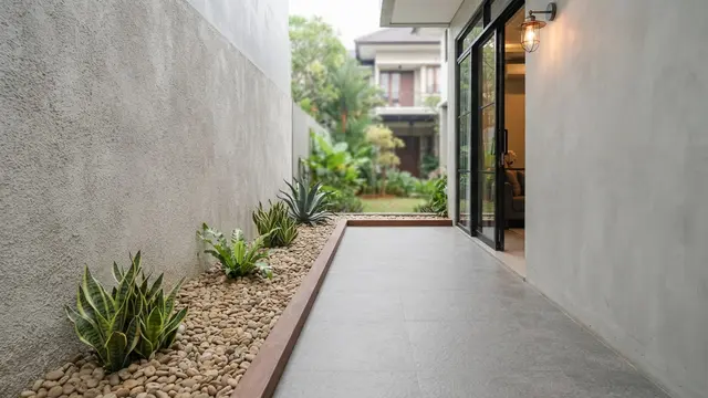 Teras Rumah 1,5 Meter dengan Taman Kering di Sepanjang Dinding