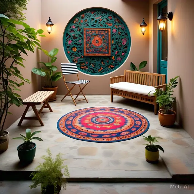 Teras dengan Karpet Bulat sebagai Pusat Perhatian. Model teras rumah minimalis pintu samping masa kini