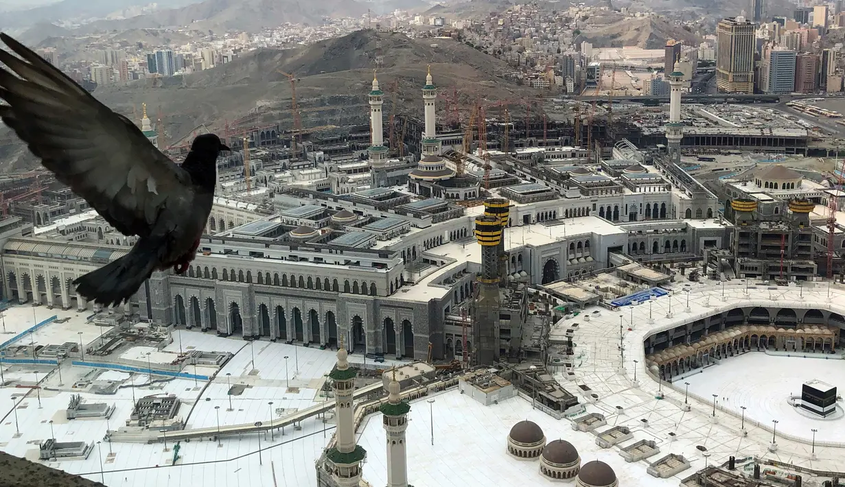 Seekor merpati terbang di atas dekat Masjidil Haram yang kosong karena prosedur pencegahan coronavirus, pada hari pertama haji tahunan yang di kota suci Muslim Mekah, Arab Saudi, Rabu, (29/7/2020). (AP Photo)