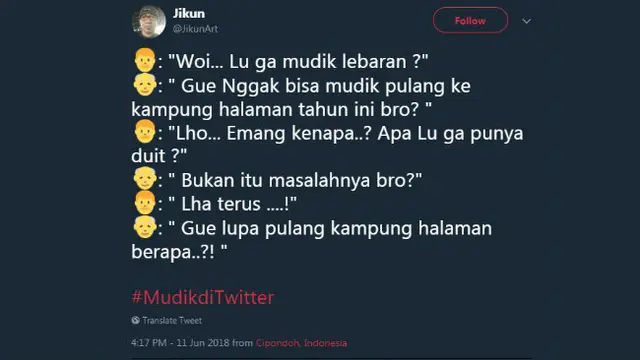 Kalau kamu nggak bisa mudik ke kampung halaman, mungkin 'mudik di Twitter' bisa jadi obat rindu.