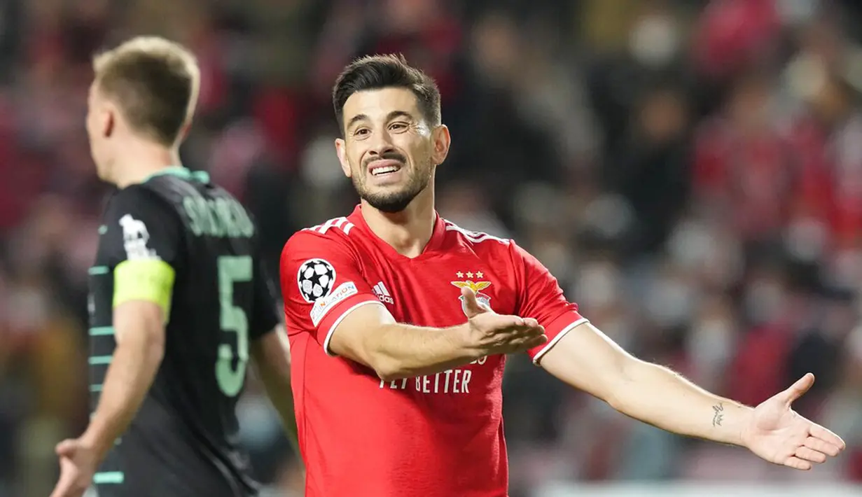 Reaksi pemain Benfica Pizzi saat melawan Dynamo Kyiv pada pertandingan sepak bola Grup E Liga Champions di Stadion Luz, Lisbon, 8 Desember 2021. Benfica menang 2-0. (AP Photo/Armando Franca)