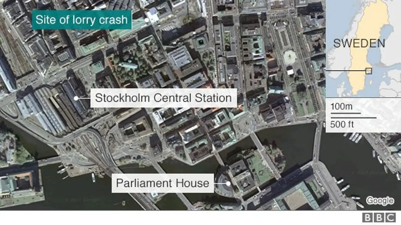 Lokasi teror truk Swedia di Stockholm. (BBC)