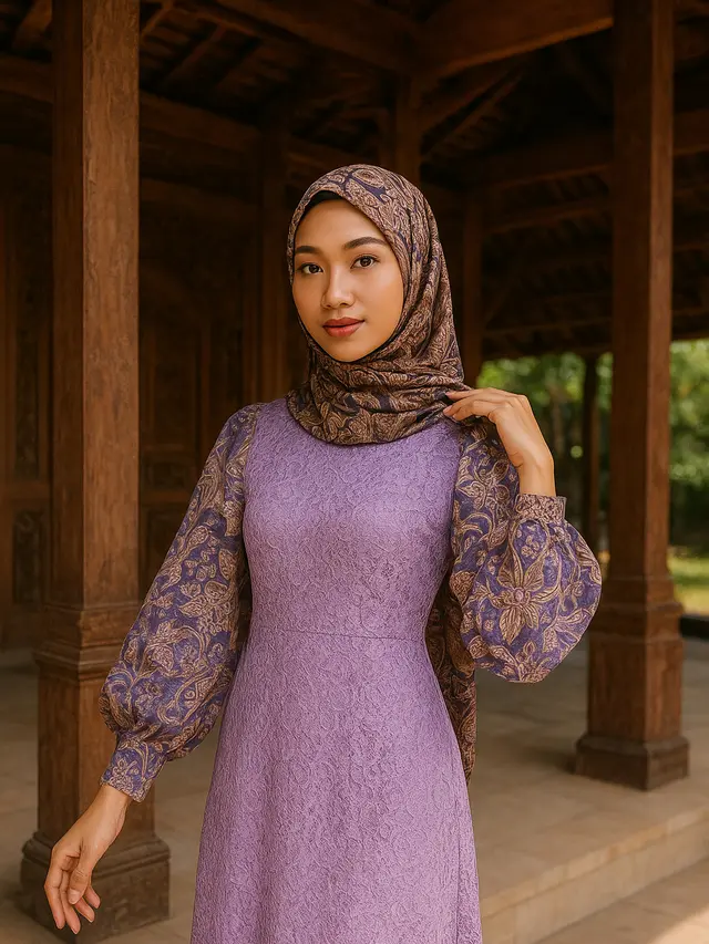 Gamis Brokat Lengan Balon Warna Lilac