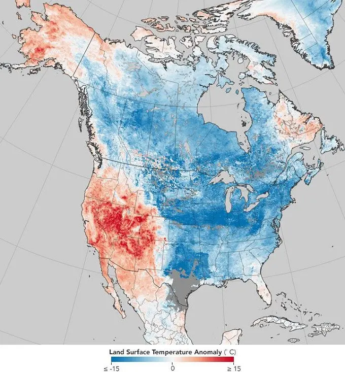 Peta cuaca NASA yang memperlihatkan suhu di daratan Amerika. (dokumentasi NASA)
