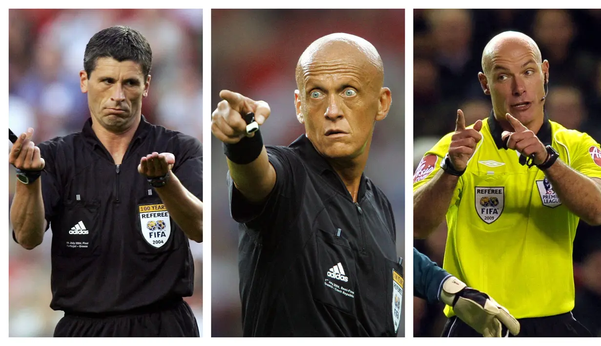 Foto kolase Markus Merk (kiri), Pierluigi Collina (tengah), dan Howard Webb saat memimpin pertandingan. (Foto: AFP)
