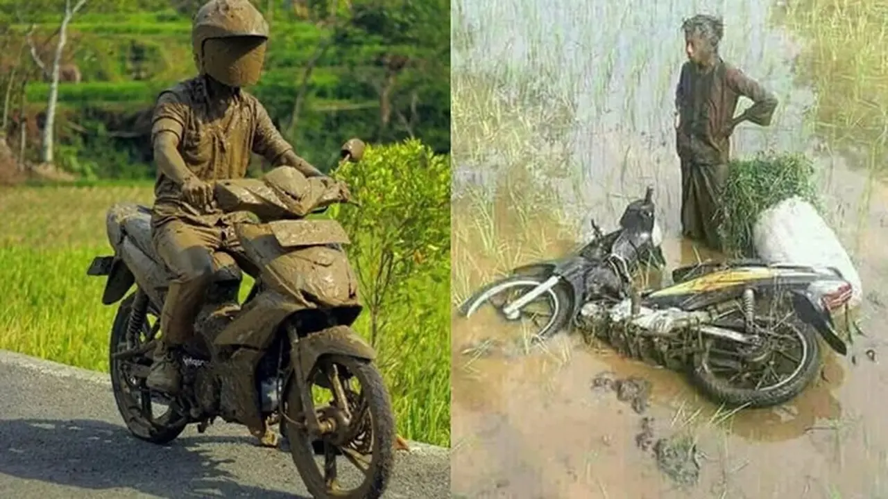 6 Potret Orang Naik Motor Nyungsep di Sawah Ini Apes Banget, Jadi Kasihan