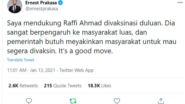 Raffi Ahmad Divaksin Bareng Jokowi, Canda Warganet: Udah Kaya RI 2 Aja