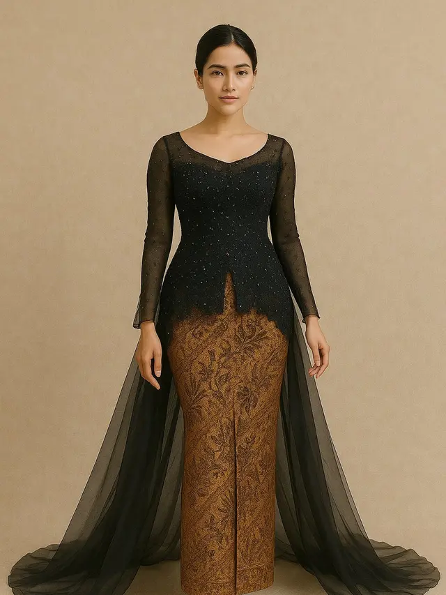 Kebaya Semi Gaun dengan Aksen Train