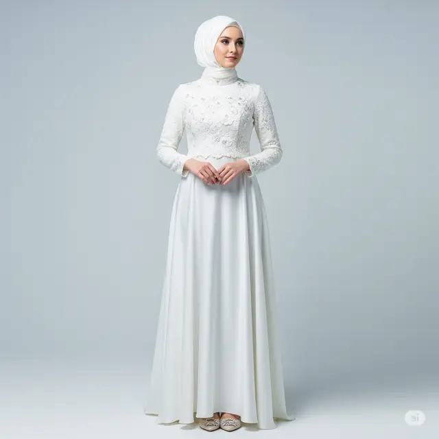 Inspirasi Gaun Pesta Muslimah High Neck Lace.