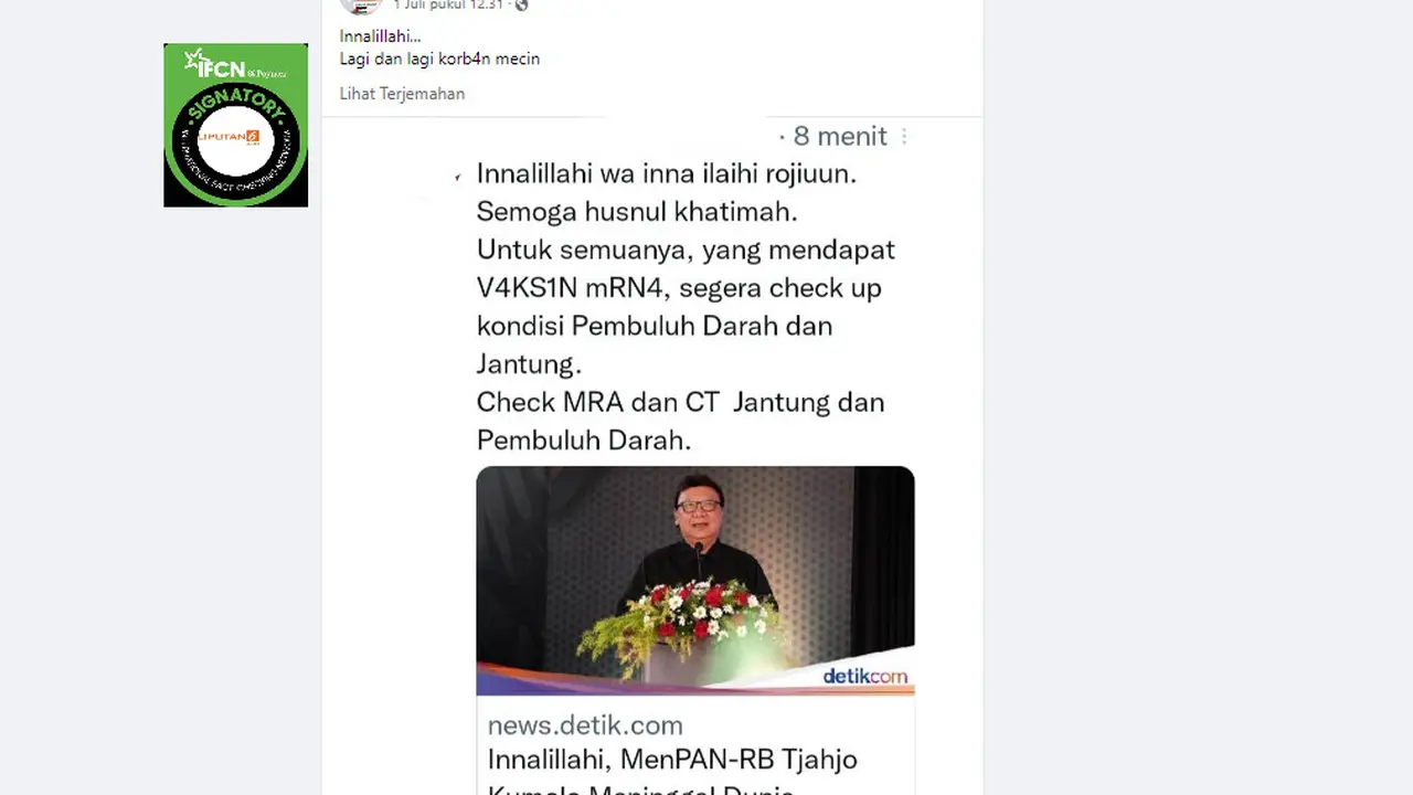Tangkapan layar klaim Tjahjo Kumolo meninggal dunia karena vaksin,
