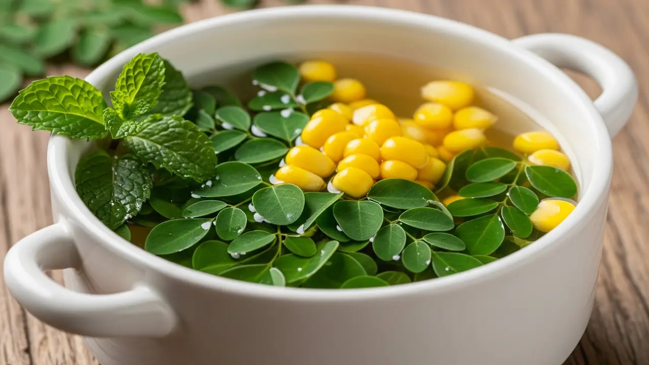 Resep Sup Bening Daun Kelor dengan Jagung (Image by Gemini AI)