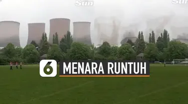 Beredar video empat menara pendingin pembangkit listrik raksasa runtuh.