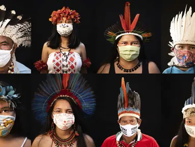Kombinasi foto dari tanggal 27 Mei hingga 1 Juni 2020 menunjukkan orang-orang pribumi mengenakan masker dan pakaian tradisional suku mereka selama pandemi virus corona COVID-19 di Manaus, Brasil. (AP Photo/Felipe Dana)