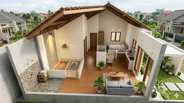 Denah Rumah Kecil Ada Mushola Mungil di Dalam