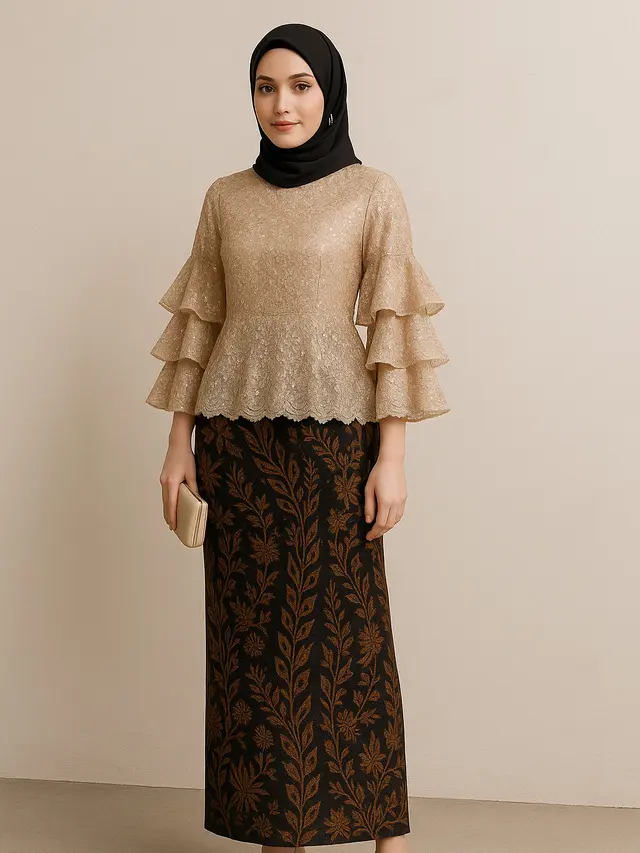 Model Batik Brokat Kombinasi Lengan Tiga Lapis untuk Wanita Berhijab