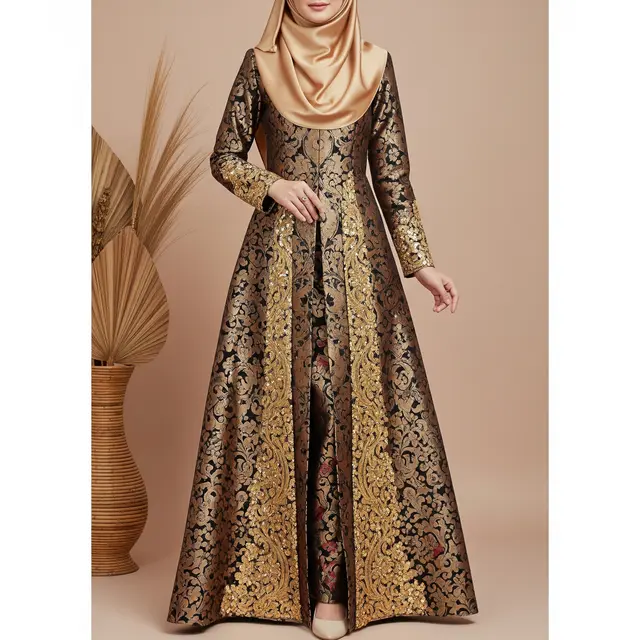 Gamis Brokat Belah Tengah Kombinasi Satin