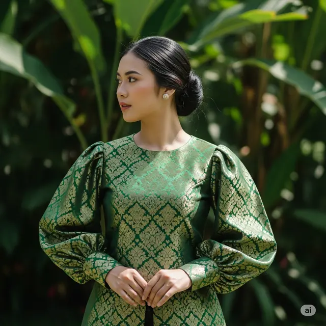 Tunik Batik Kombi Brokat Lengan Balon Motif Modern