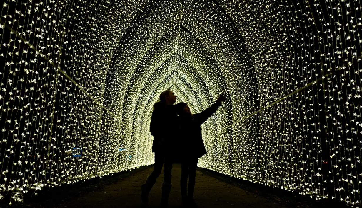Pertunjukan cahaya digambarkan untuk mempromosikan peluncuran acara  "Christmas at Kew Gardens" di Kebun Botani Kew, London, 21 November 2018. Taman Kew menghias pepohonan dan patungnya dengan tata lampu menarik menjelang perayaan Natal. (Tolga AKMEN/AFP)