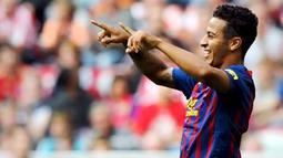 Ekspresi bintang muda Barcelona Thiago Alcantara ketika menghadapi Internacional di ajang Audi Cup di Munich, Jerman, 26 Juli 2011. AFP PHOTO/CHRISTOF STACHE