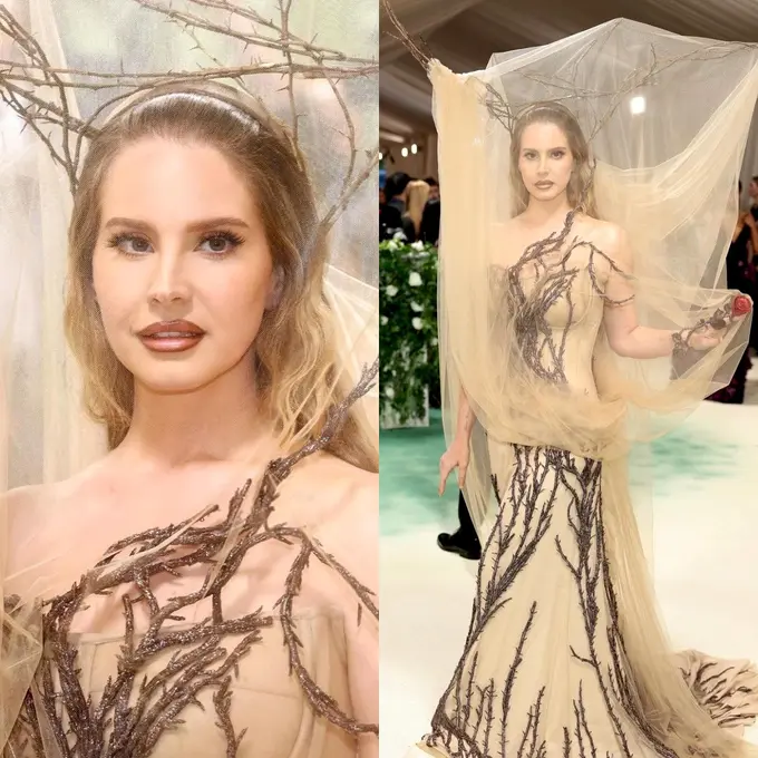 6 Potret Lana Del Rey Menjelma jadi Peri Hutan dengan Gaun Alexander McQueen di Met Gala 2024