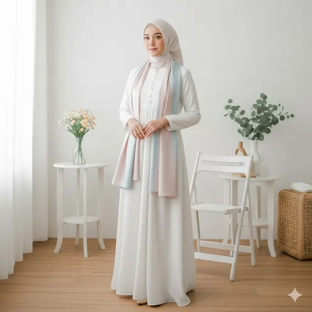 Gamis Putih Ivory Polos + Pashmina Satin Pastel