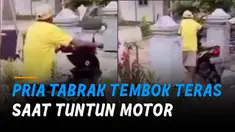 Baru sampai di mulut gerbang, motor matic itu melaju kencang hingga pria itu terseret dan menabrak tembok teras.