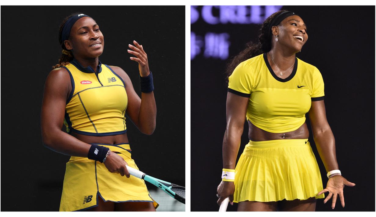 Ekspresi kecewa dari petenis Amerika Serikat, Coco Gauff (kiri) dan Serena Williams setelah gagal menambah poin di turnamen Australia Open. (Foto Kolase: AFP/Martin Keep dan AFP/Paul Crock)