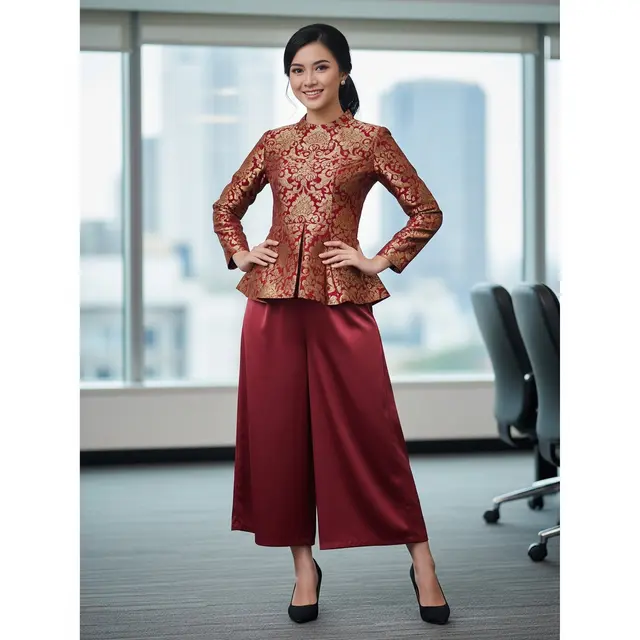 Contoh Model Brokat Dress Kombinasi Satin Setelan Blouse Brokat + Celana Kulot Satin. Foto: Gemini