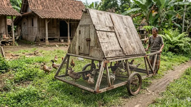 Kandang Ayam Portable dengan Roda dari Barang Bekas, Hemat Biaya dan Praktis