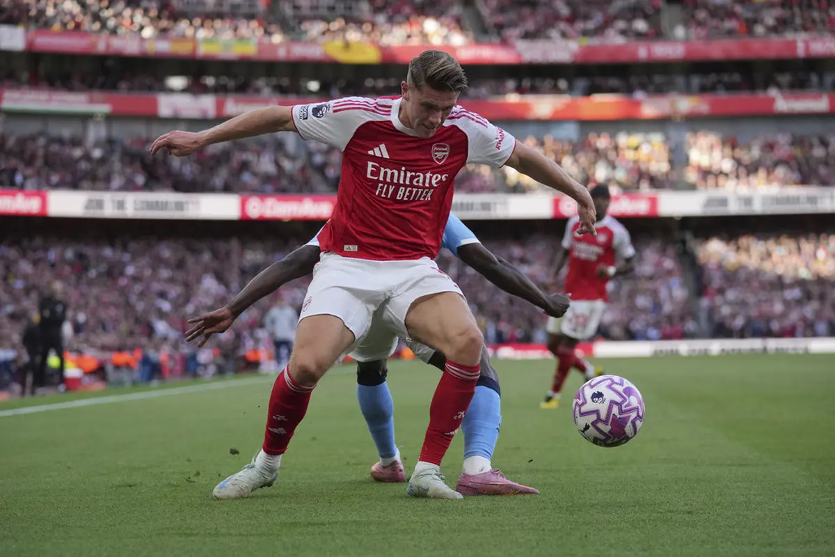 Aksi penyerang Arsenal Viktor Gyokeres di laga lawan Manchester City di pekan kelima Liga Inggris 2025/2026 di Emirates Stadium, Minggu (21/09/2025) malam WIB.