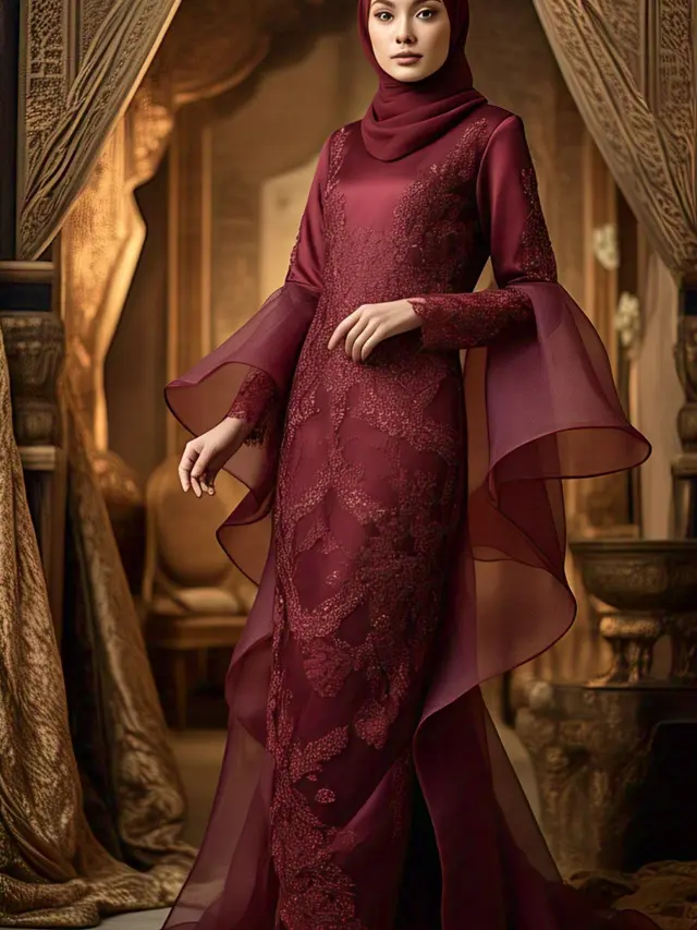 Model Gamis Brokat Burgundy Lamaran
