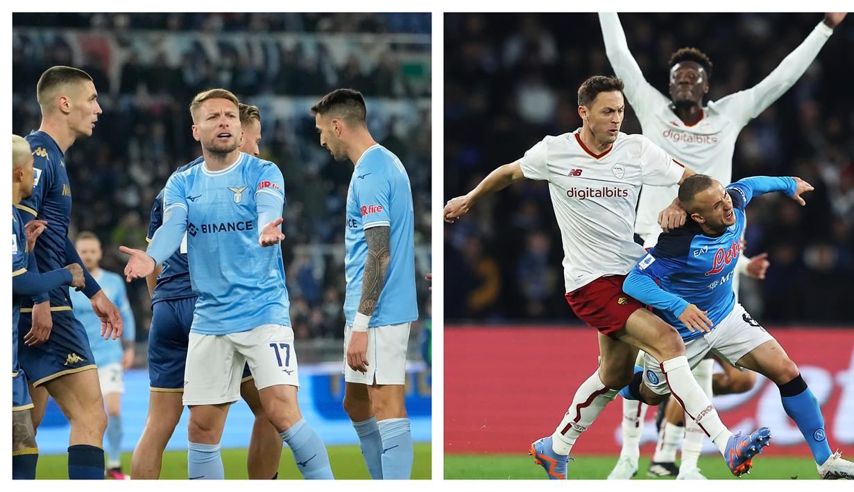 Dua tim ibu kota, Lazio dan AS Roma gagal memetik hasil mamkimal dalam laga pekan ke-20 Liga Italia 2022/2023, Senin (30/1/2023) dini hari WIB. Lazio yang menjamu Fiorentina harus puas bermain imbang 1-1, sementara AS Roma yang bertandang ke markas Napoli harus takluk 1-2 dari sang pemimpin klasemen sementara. (Kolase La Presse dan AP Photo)