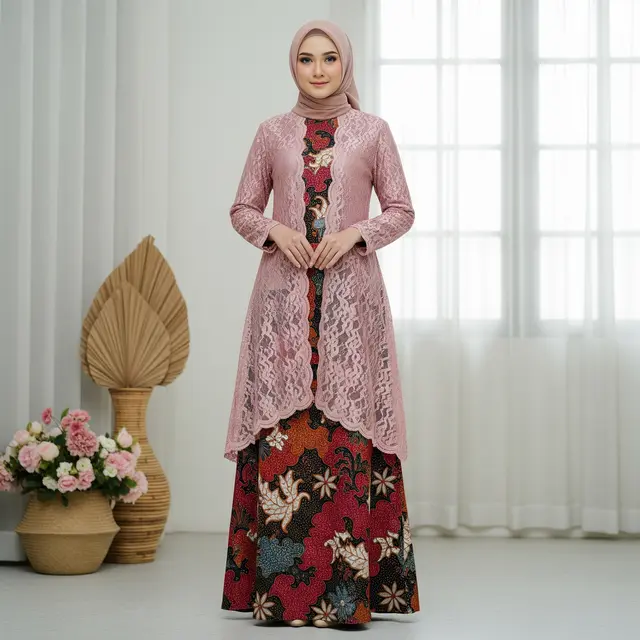 9 Gamis Batik Kombinasi Brokat Lengan Panjang Elegan, Tren Busana Muslimah 2025
