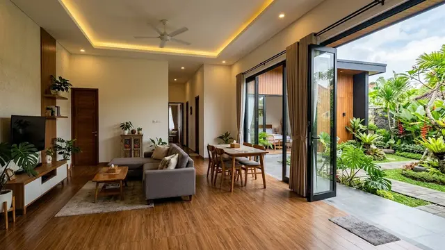 Desain Rumah 3 Kamar dengan Ruang Keluarga Tanpa Dinding Pembatas