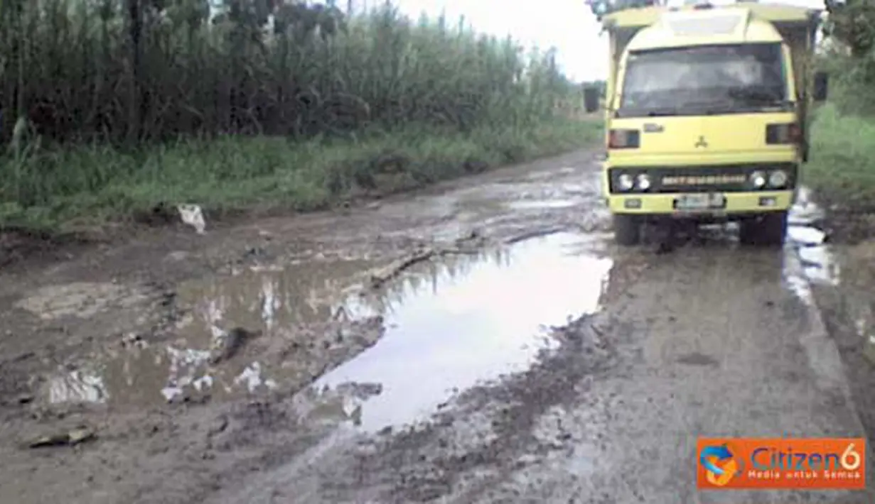 Citizen6, Lamongan: sebuah mobil truk berusaha menghindari jalan yang berlubang di wilayah selatan kabupaten Lamongan. (Pengirim: LandaxNocturnal Zaen)