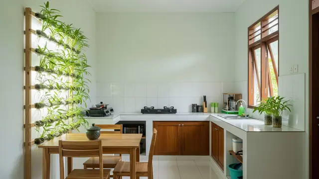 Dapur Minimalis Tropis Bentuk L dengan Tanaman Kangkung