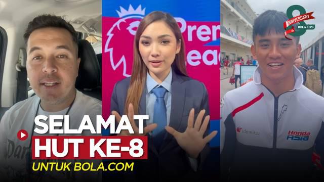 Berita video ucapan selamat ulang tahun ke-8 untuk Bola.com datang dari sportscaster cantik, Natascha Germania, hingga pembalap Moto3, Mario Suryo Aji.