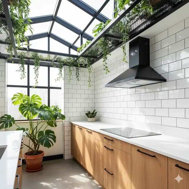 Dapur Tanpa Kabinet Atas dengan Pencahayaan Atap Kaca