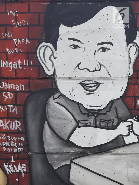 Mural Capres Prabowo Subianto terlihat di Jalan Juanda, Depok, Jawa Barat, Rabu (21/11). Mural tersebut memiliki pesan agar masyarakat tetap damai dan berteman meski berbeda memilih capres di Pilpres 2019. (Liputan6.com/Herman Zakharia)