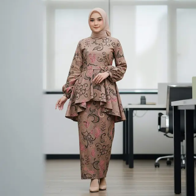 Gamis Batik Earthy Tone Kombinasi Lengan Balon Modern 2025
