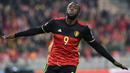Striker Belgia, Romelu Lukaku, merayakan gol yang dicetaknya ke gawang Estonia. (AFP/Emmanuel Dunand)