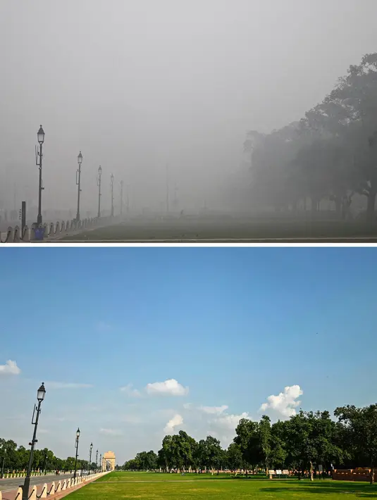 Kondisi udara yang diselimuti kabut asap menyebabkan jarak pandang di kota New Delhi, India menjadi sangat terbatas. (Sajjad HUSSAIN/AFP)
