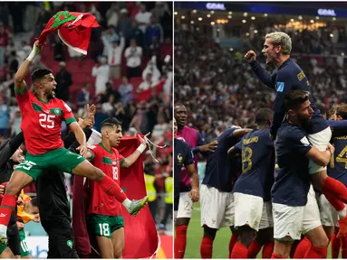 Foto kolase selebrasi Maroko yang datang ke Piala Dunia 2022 sebagai kuda hitam lolos ke semifinal berbekal kemenangan atas Portugal (kiri). Dan selebrasi timnas Prancis yang sukses memastikan kelolosan ke semifinal Piala Dunia 2022 setelah mengandaskan Inggris dengan skor 2-1. (Foto-foto: AP Photo/Martin Meissner, AFP/Adrian Dennis)