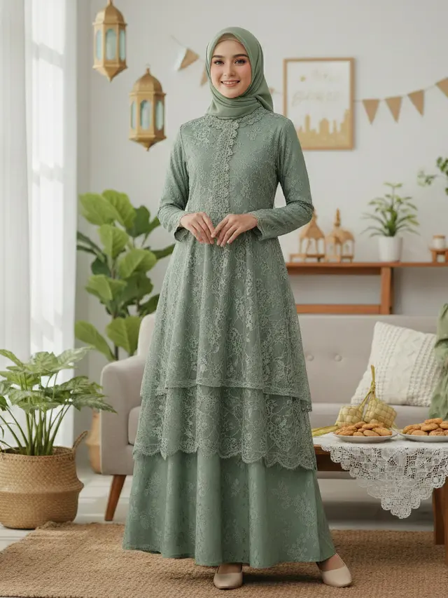 Gamis Brokat 2 Layer Warna Netral (Foto: Gemini AI)
