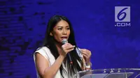 Musisi Anggun Cipta Sasmi saat berbagi cerita dalam 4th Congress of Indonesian Diaspora di Kota Kasablanka, Jakarta, Sabtu (1/7). Dalam acara tersebut, Anggun berbagi pengalaman kisah hidup dalam meraih kesuksesan. (Liputan6.com/Angga Yuniar)