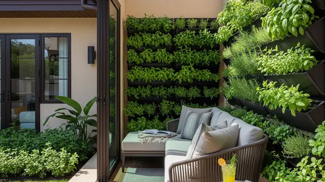 Teras Samping Rumah dengan Kebun Herbal Vertikal