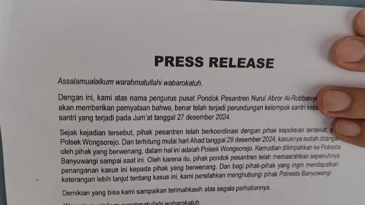 Press Release dari pondok pesantren tempat mondok santri yang tewas dikeroyok seniornya (Istimewa)