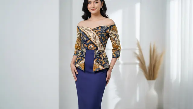 Atasan Sabrina Batik dengan Rok Span Midi