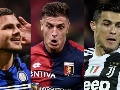 Ronaldo bersanding dengan Piatek sebagai pemuncak top scorer Serie A hingga pekan ke-14 dengan 10 gol, namun Ronaldo lebih unggul dalam produktifitas assist. (Kolase Foto AFP)